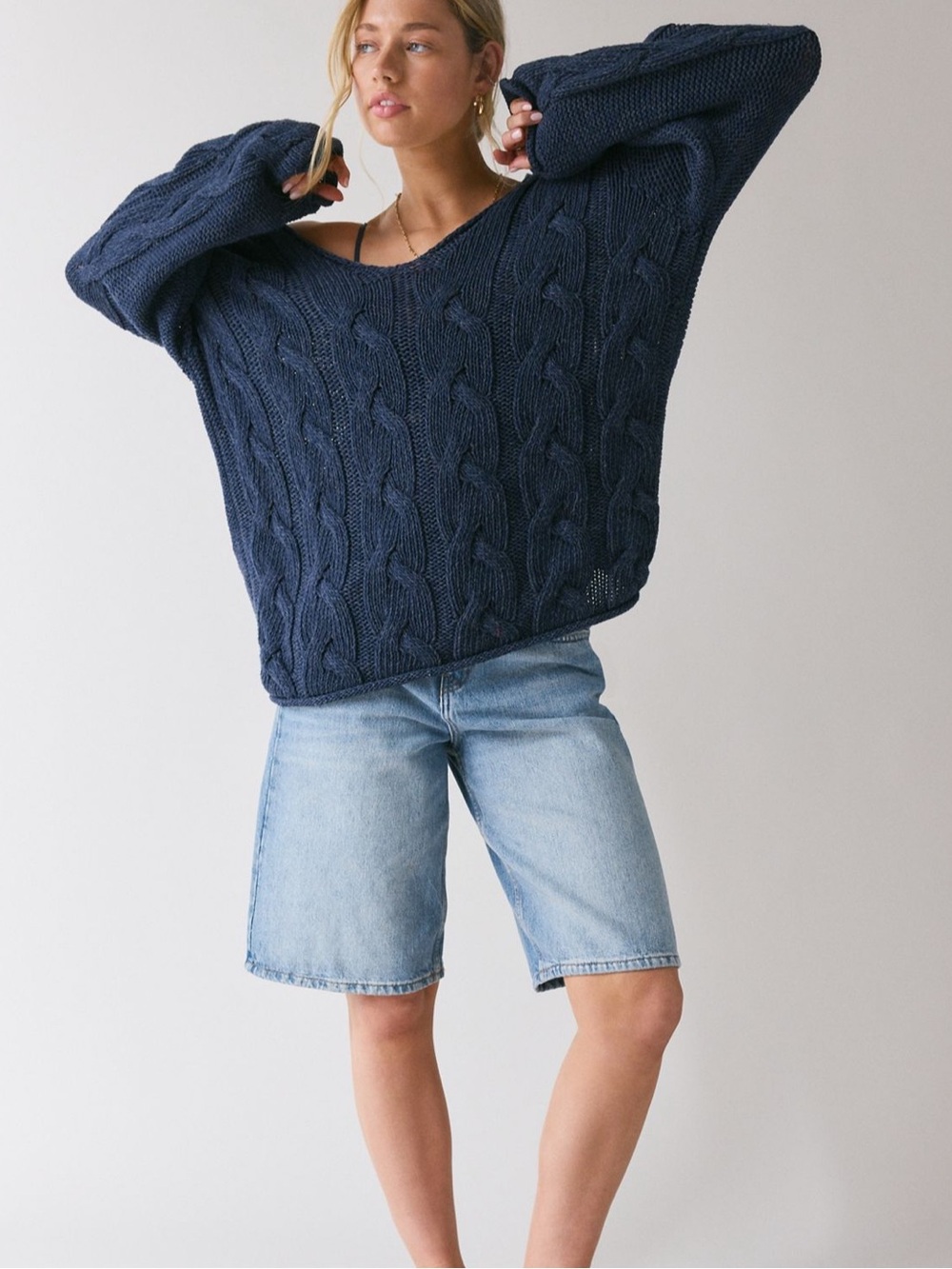 BDG Skylar Chunky Cable Knit Off-Shoulder Sweater - Navy - Picture 2 of 3